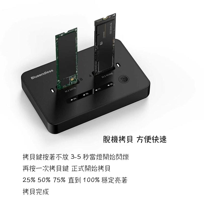 M.2 SSD拷貝機,雙向拷貝SATA to NVMe或NVMe to SATA,USB3.2 20Gbps控制晶片