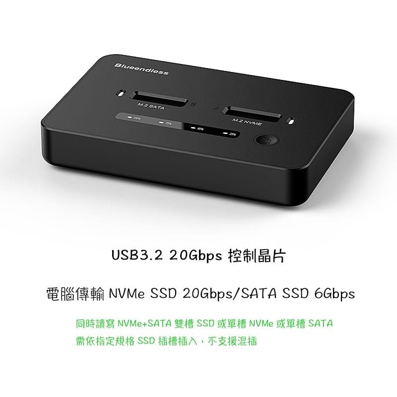 M.2 SSD拷貝機,雙向拷貝SATA to NVMe或NVMe to SATA,USB3.2 20Gbps控制晶片