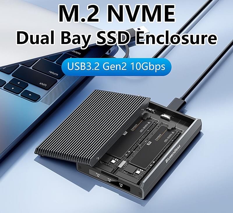 雙槽M.2 NVMe SSD硬碟外接盒,USB3.2 10Gbps傳輸協議,8TB SSD單槽16TB SSD雙槽 超薄