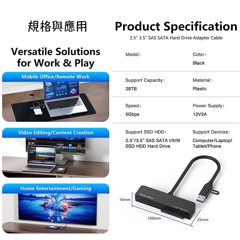 SAS SATA 2.5吋 3.5吋硬碟外接轉接頭,2.5