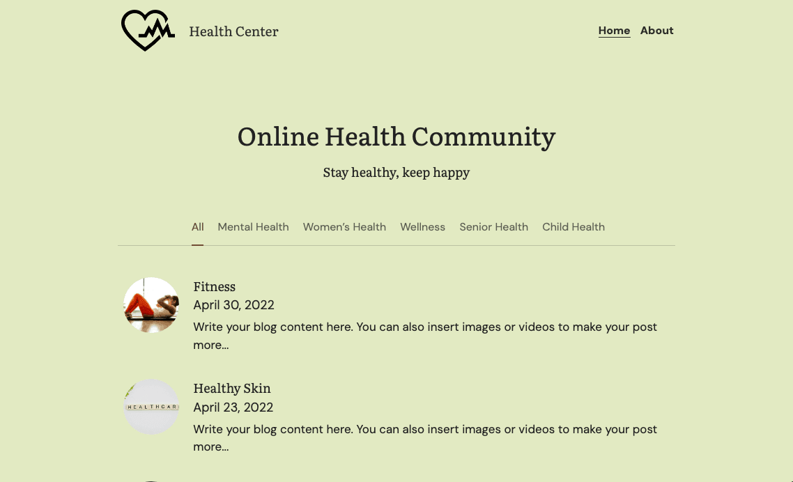 Blogvorlage für Gesundheitszentren von Strikingly Blogvorlage für Gesundheitszentren von Strikingly