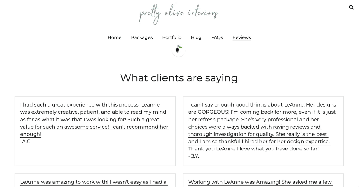 Página de testimonios de Pretty Olive Interiors Página de testimonios de Pretty Olive Interiors