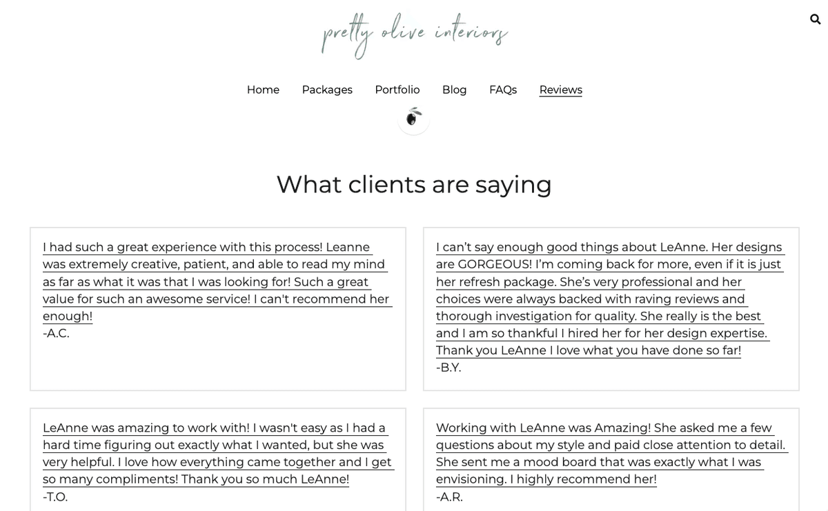 Página de testimonios de Pretty Olive Interiors Página de testimonios de Pretty Olive Interiors