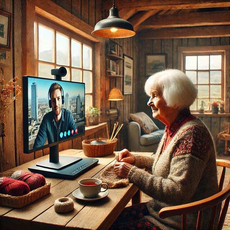 奶奶用視訊設備跟孫子線上交流 奶奶用視訊設備跟孫子線上交流