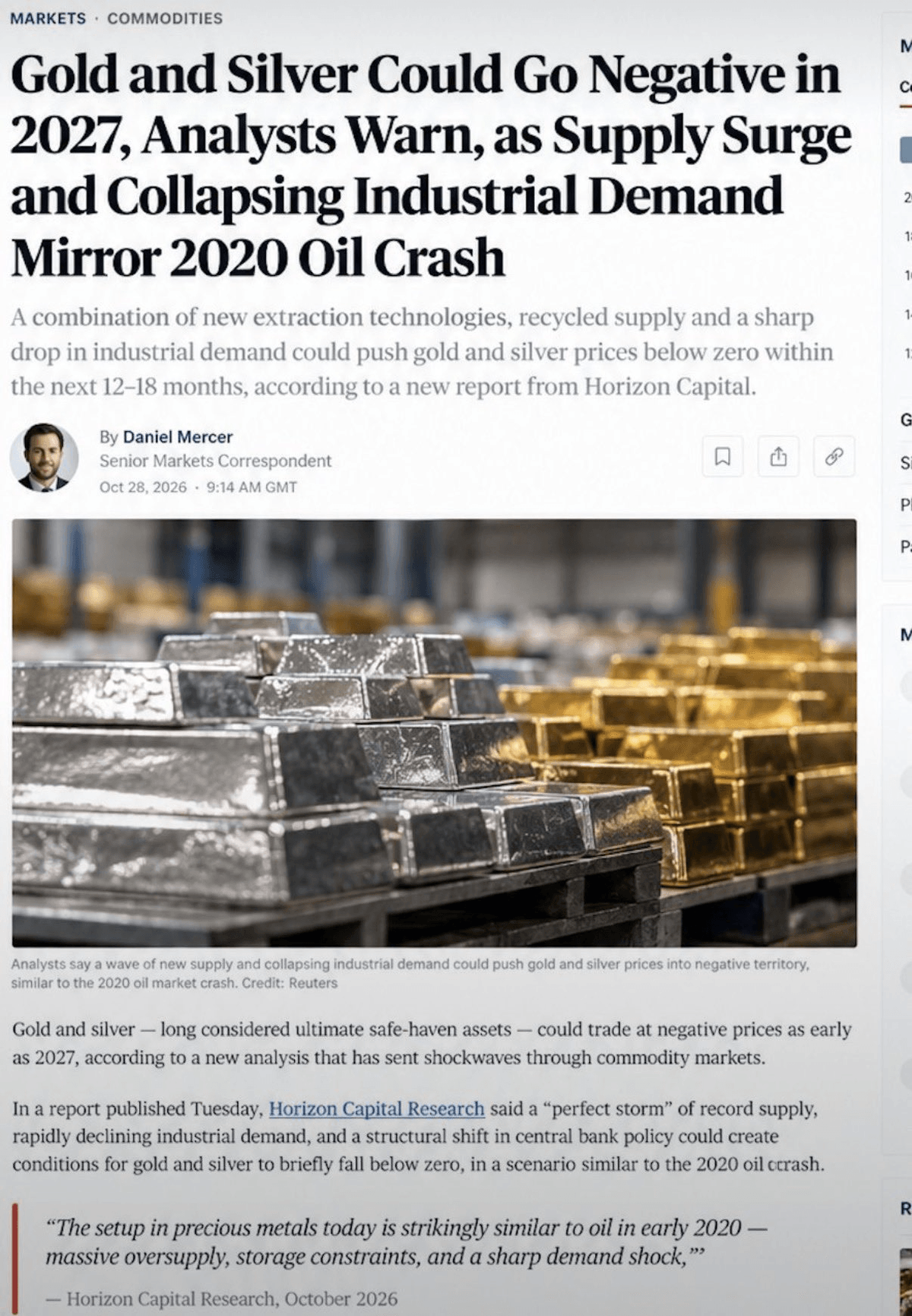 Capture d'un article de presse selon lequel les prix de l'or et de l'argent pourraient devenir négatifs en 2027 Capture d'un article de presse selon lequel les prix de l'or et de l'argent pourraient devenir négatifs en 2027