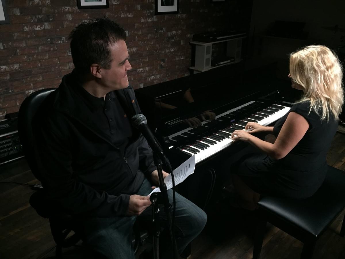 Working on marketing content at the piano