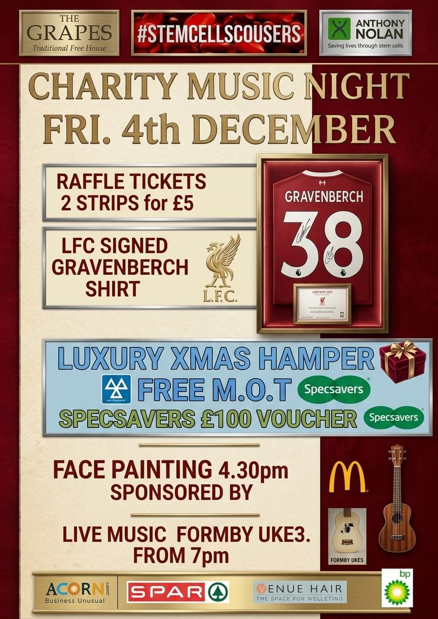 Charity Music Night Poster at The Grapes Formby - Anthony Nolan Fundraiser Charity Music Night Poster at The Grapes Formby - Anthony Nolan Fundraiser