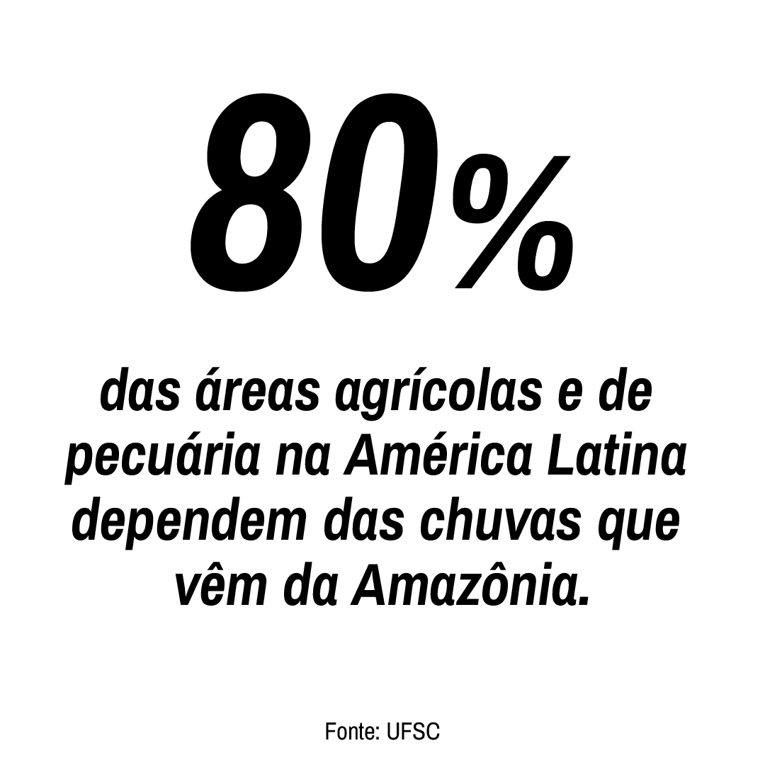 80% das áreas agrícolas e de pecuária na América Latina dependem das chuvas que vêm da Amazônia Fonte: UFSC 80% das áreas agrícolas e de pecuária na América Latina dependem das chuvas que vêm da Amazônia Fonte: UFSC