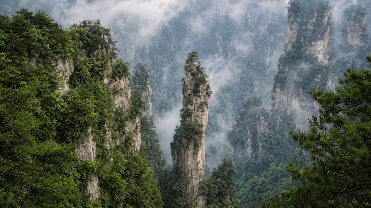 Avatar-inspired sandstone pillar landscape at Yuanjiajie in Zhangjiajie Avatar-inspired sandstone pillar landscape at Yuanjiajie in Zhangjiajie