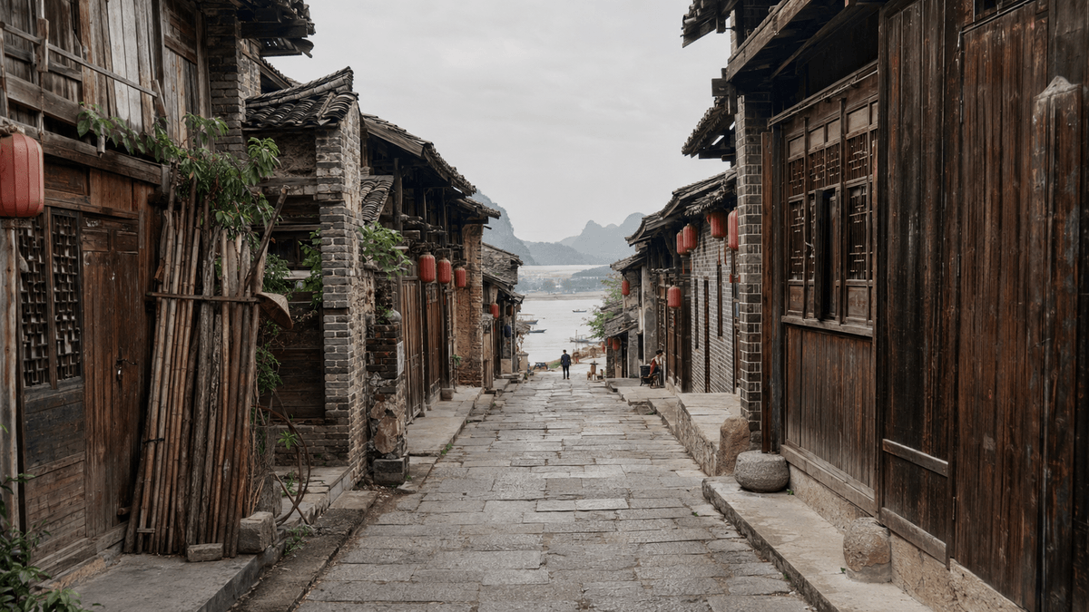 Stone-paved lane and traditional wooden houses in Daxu Ancient Town near Guilin Stone-paved lane and traditional wooden houses in Daxu Ancient Town near Guilin