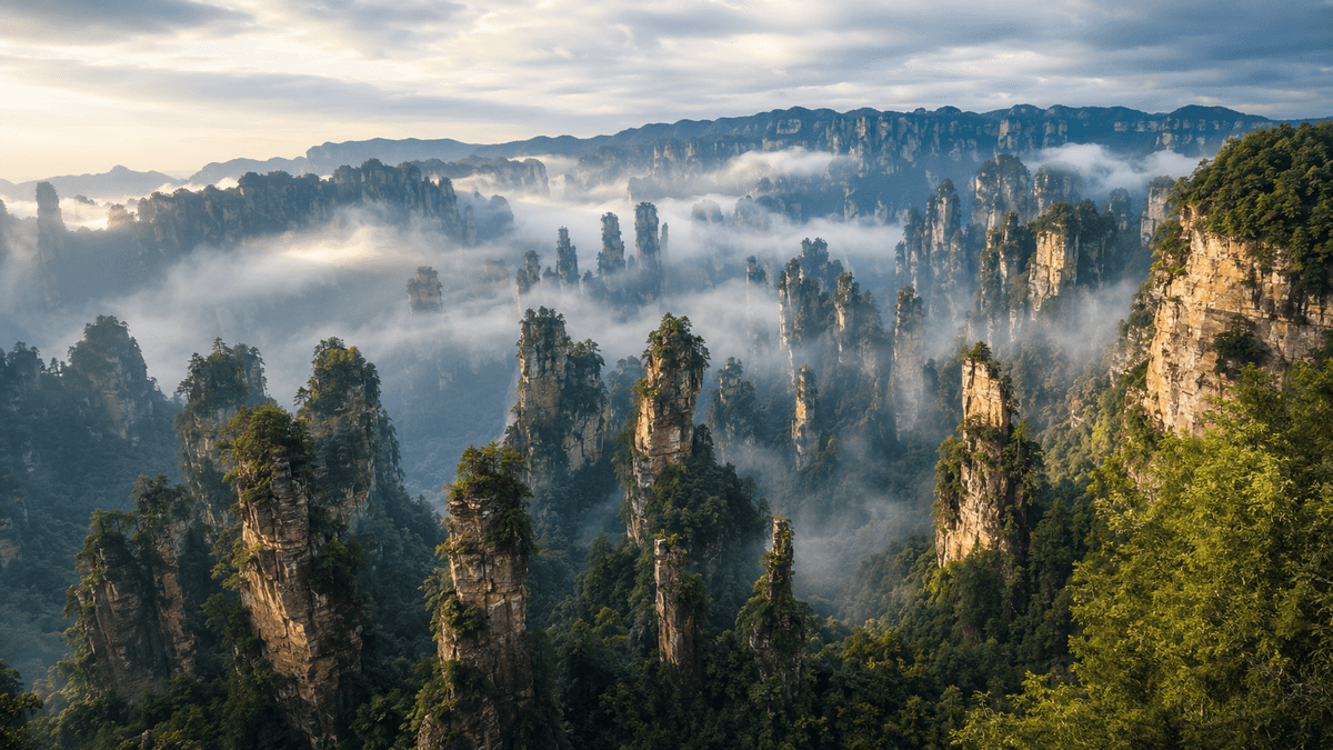 Sandstone pillars rising through morning mist in Zhangjiajie National Forest Park Sandstone pillars rising through morning mist in Zhangjiajie National Forest Park