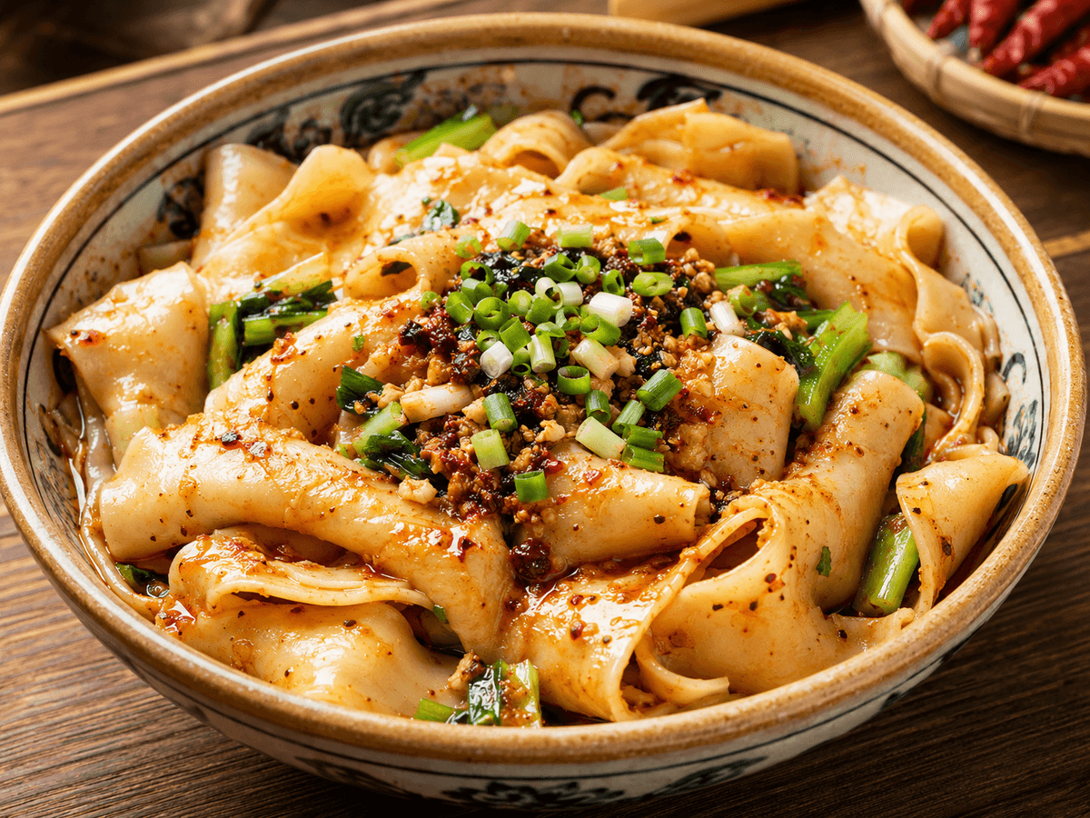 raditional Xi’an biangbiang noodles with chili oil, vegetables and scallions in a ceramic bowl. raditional Xi’an biangbiang noodles with chili oil, vegetables and scallions in a ceramic bowl.