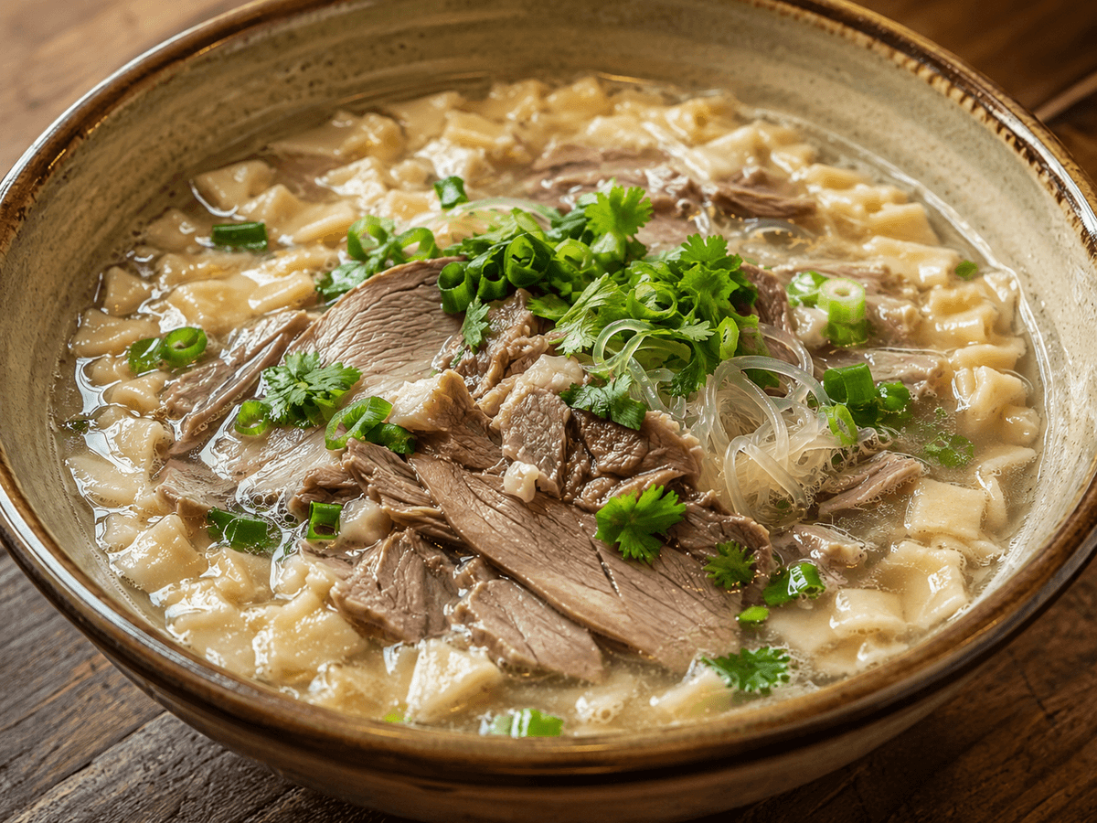 Traditional Xi’an yangrou paomo with lamb, torn flatbread, glass noodles and fresh herbs. Traditional Xi’an yangrou paomo with lamb, torn flatbread, glass noodles and fresh herbs.