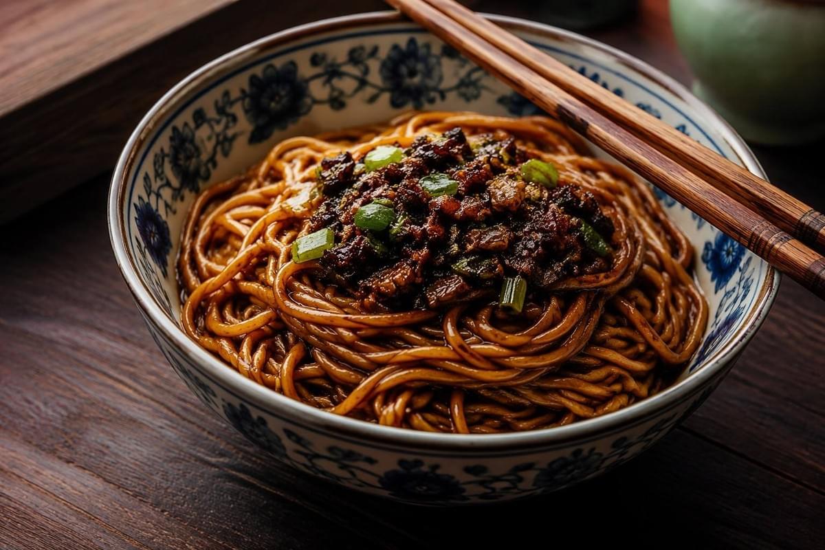 Shanghai scallion oil noodles in a ceramic bowl, glossy noodles coated in dark soy sauce and fragrant scallion oil, topped with crispy fried scallions, chopsticks resting on the bowl, dark wood tabletop. Shanghai scallion oil noodles in a ceramic bowl, glossy noodles coated in dark soy sauce and fragrant scallion oil, topped with crispy fried scallions, chopsticks resting on the bowl, dark wood tabletop.