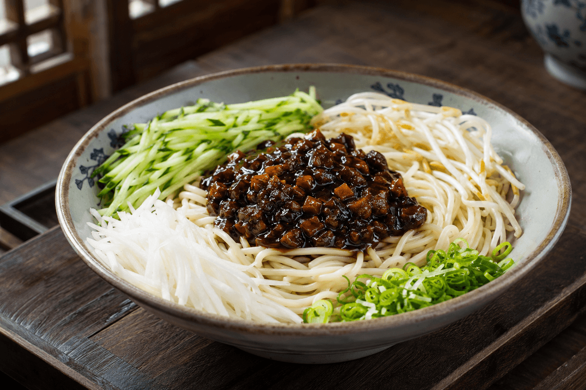 Traditional Beijing zhajiangmian noodles with soybean pork sauce and fresh vegetable toppings. Traditional Beijing zhajiangmian noodles with soybean pork sauce and fresh vegetable toppings.