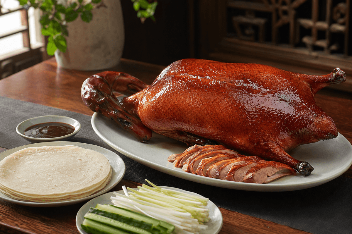 Traditional Beijing roast duck served with pancakes, cucumber, scallions, and sweet bean sauce. Traditional Beijing roast duck served with pancakes, cucumber, scallions, and sweet bean sauce.