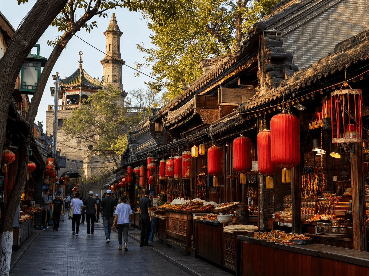 Historic street in Xi’an’s Muslim Quarter lined with local food stalls and red lanterns. Historic street in Xi’an’s Muslim Quarter lined with local food stalls and red lanterns.