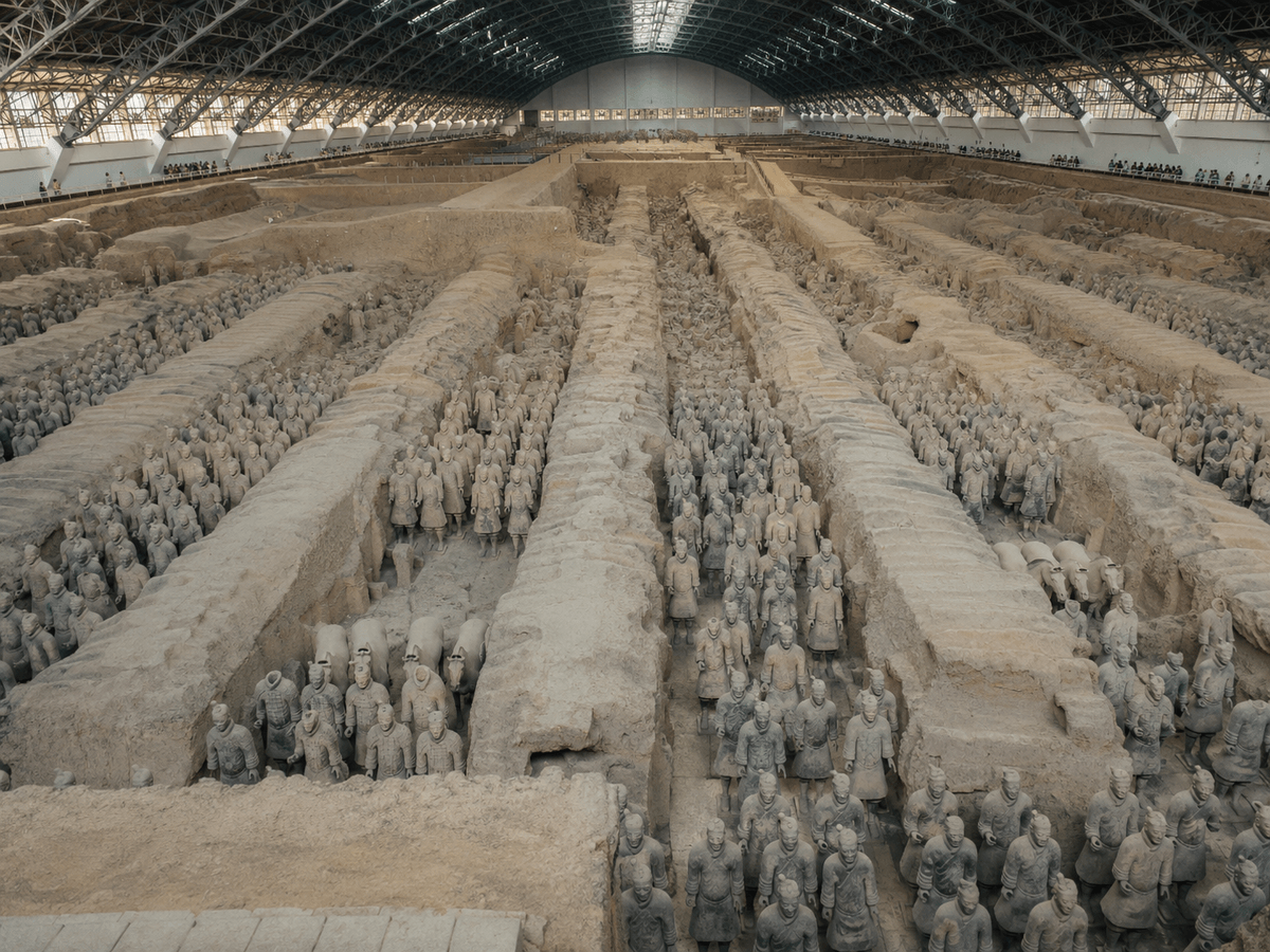 Rows of life-size Terracotta Warriors displayed inside Pit 1 near Xi’an, China. Rows of life-size Terracotta Warriors displayed inside Pit 1 near Xi’an, China.
