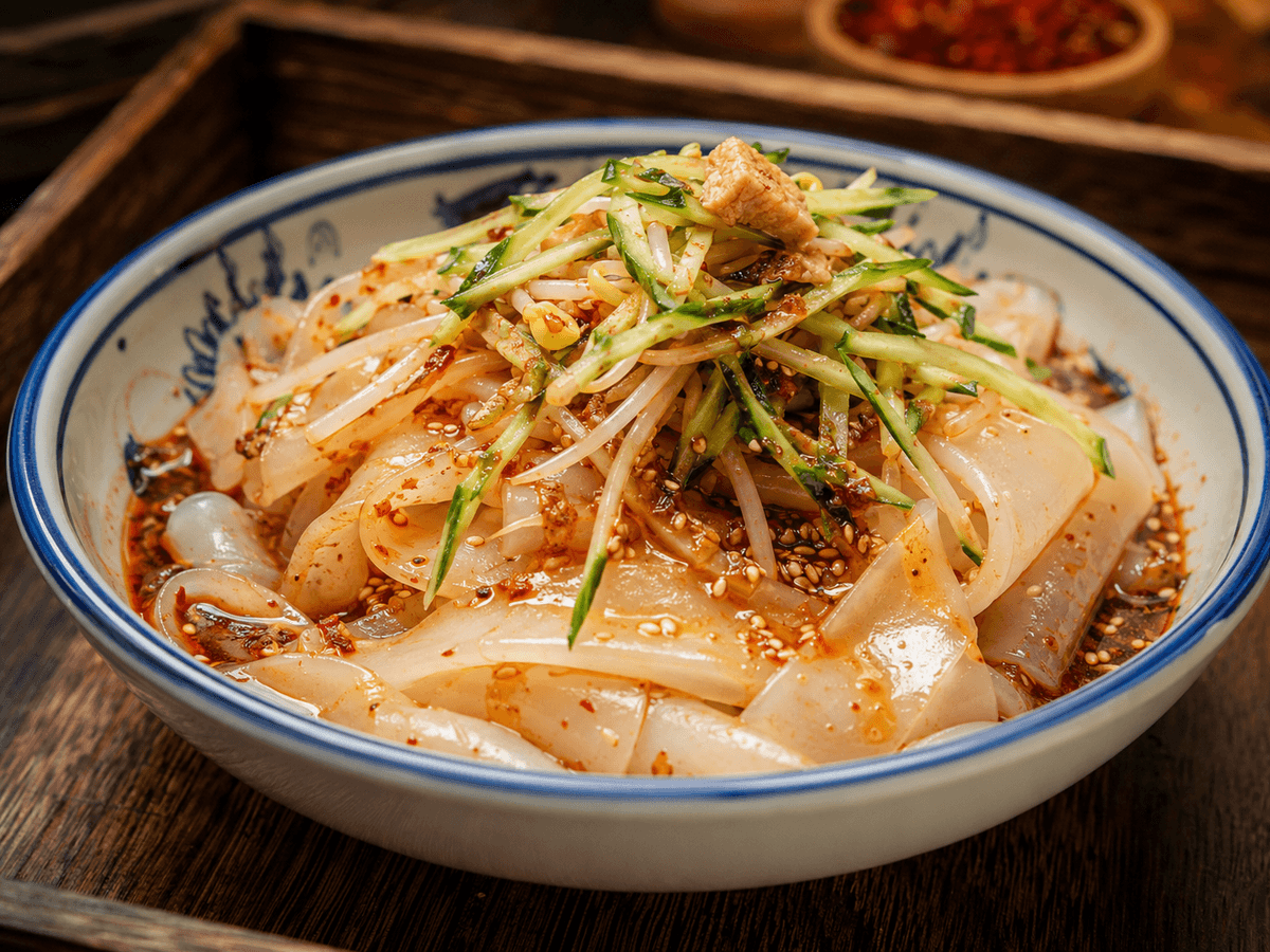Xi’an liangpi cold noodles served with chili oil, vinegar, cucumber and bean sprouts. Xi’an liangpi cold noodles served with chili oil, vinegar, cucumber and bean sprouts.