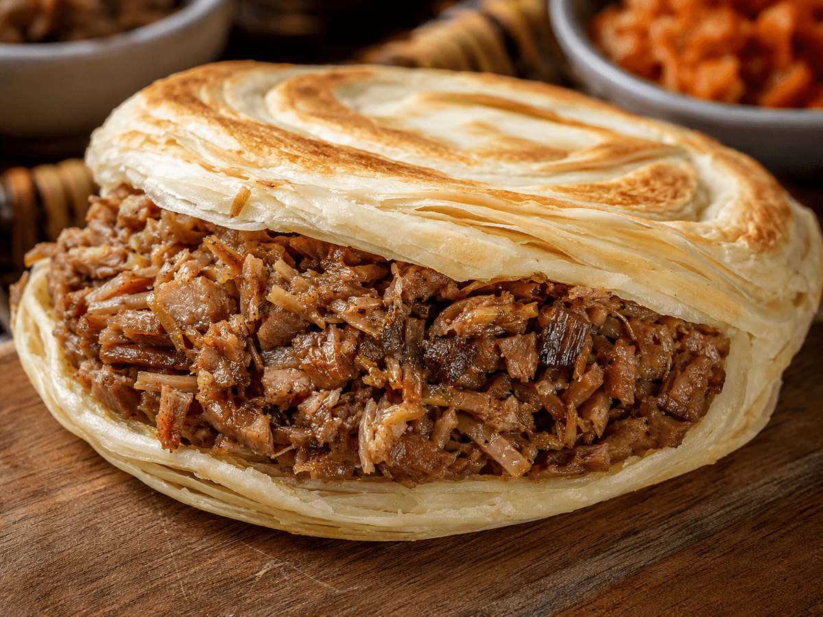 Xi’an roujiamo filled with richly seasoned slow-braised pork inside a crisp layered flatbread. Xi’an roujiamo filled with richly seasoned slow-braised pork inside a crisp layered flatbread.