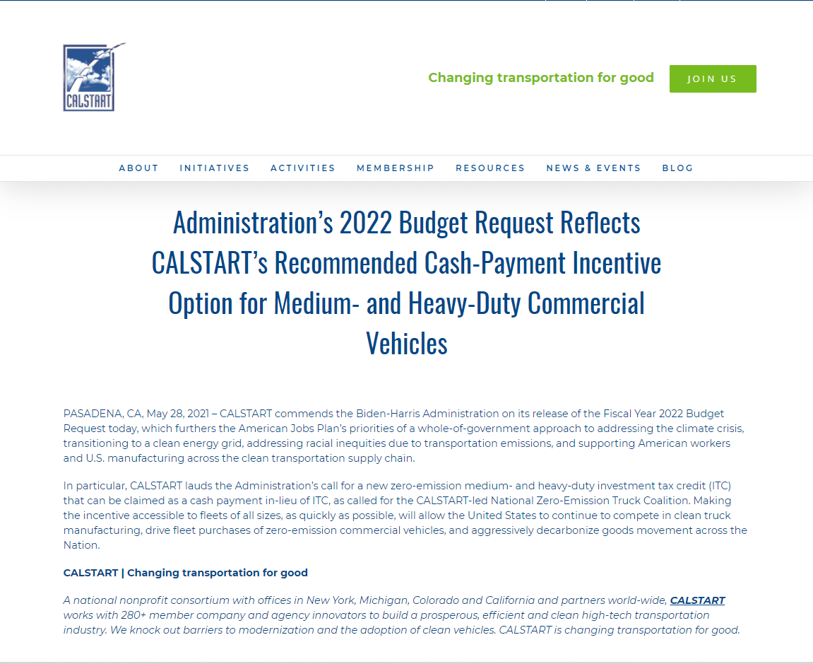 Administration’s 2022 Budget Request Reflects CALSTART’s Recommended Cash-Payment Incentive Option for Medium- and Heavy-Duty Commercial Vehicles Administration’s 2022 Budget Request Reflects CALSTART’s Recommended Cash-Payment Incentive Option for Medium- and Heavy-Duty Commercial Vehicles