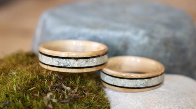 Rowan wood, Rainbow Moonstone bordered by blackwood Rowan wood, Rainbow Moonstone bordered by blackwood