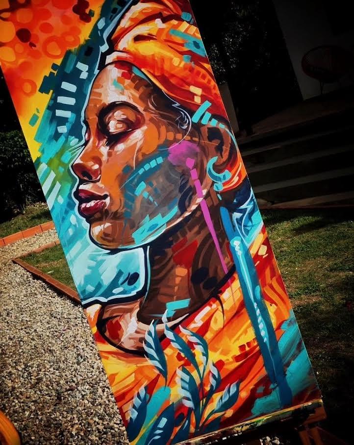 Colorful contemporary portrait painting by Daniel Acosta León featuring a woman in profile rendered with bold geometric brushwork, vibrant orange, blue, and turquoise tones, and expressive modern styling. Colorful contemporary portrait painting by Daniel Acosta León featuring a woman in profile rendered with bold geometric brushwork, vibrant orange, blue, and turquoise tones, and expressive modern styling.