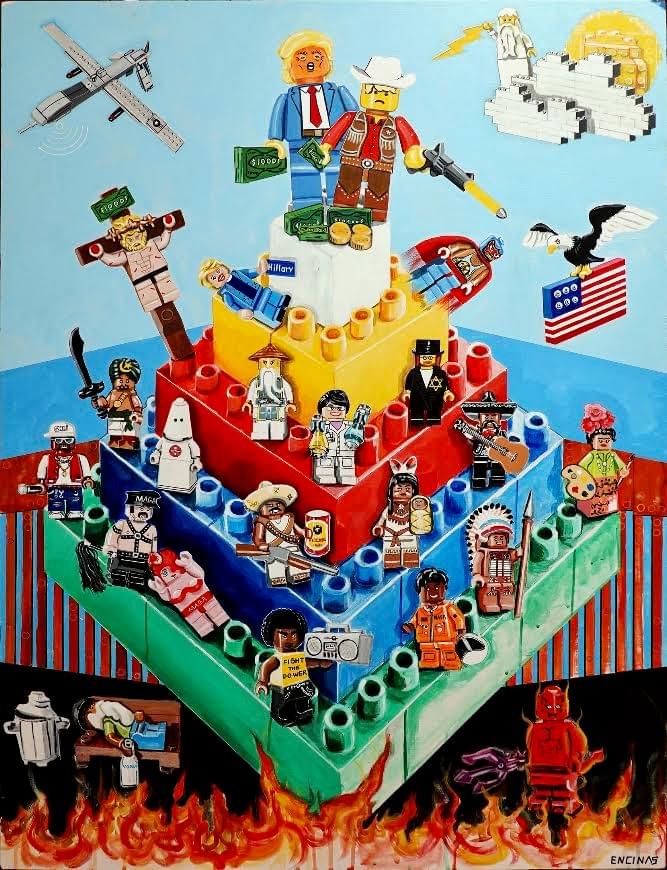 Contemporary painting by Carlos Encinas featuring LEGO-inspired figures representing politics, religion, history, and pop culture in a satirical social commentary. Contemporary painting by Carlos Encinas featuring LEGO-inspired figures representing politics, religion, history, and pop culture in a satirical social commentary.