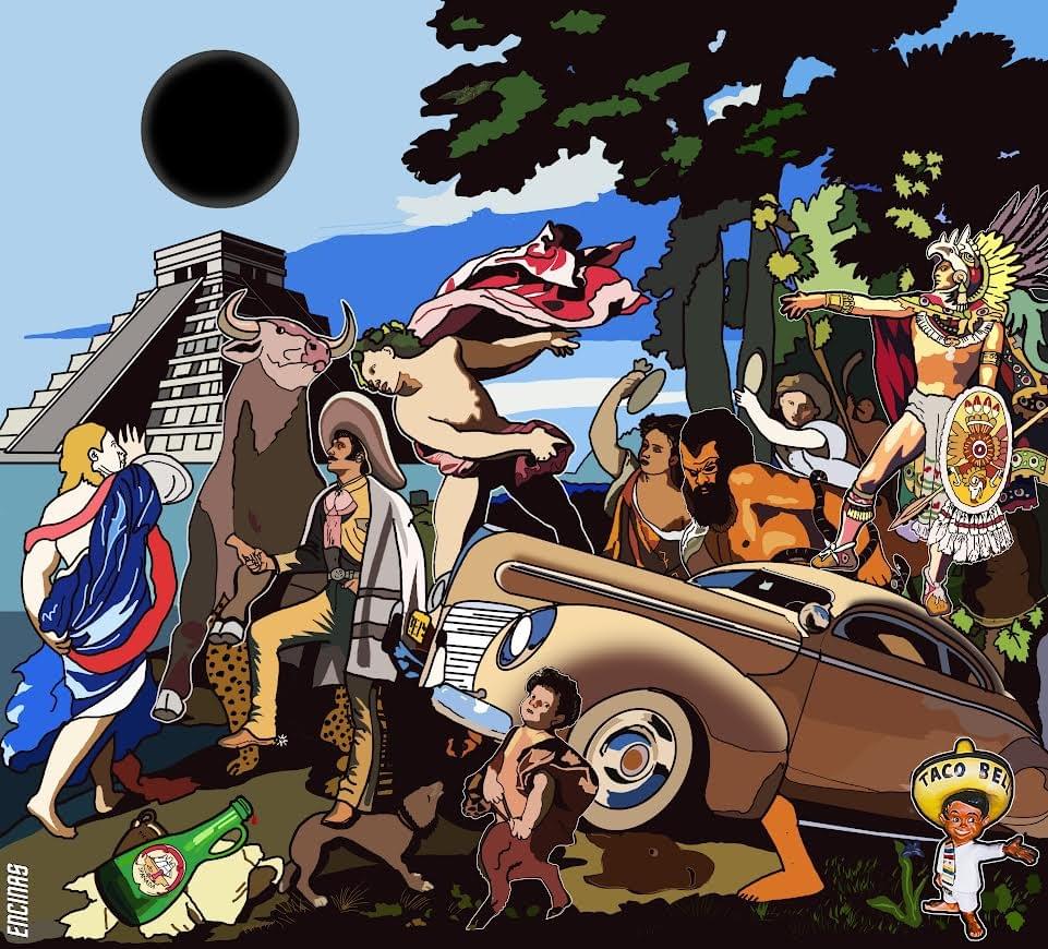 Contemporary pop art collage by Carlos Encinas combining Mexican history, classical art, Indigenous imagery, pop culture, and cultural symbols into a layered narrative composition. Contemporary pop art collage by Carlos Encinas combining Mexican history, classical art, Indigenous imagery, pop culture, and cultural symbols into a layered narrative composition.