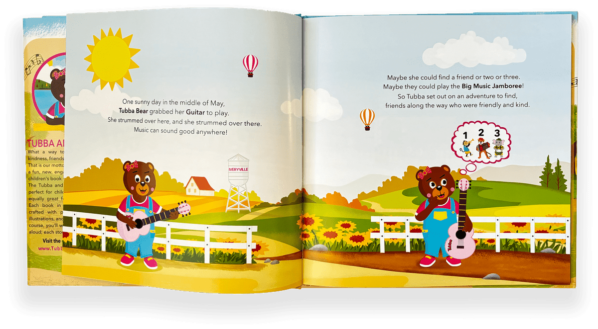 Illustration of Tubba Bear holding her pink guitar on a sunny day, imagining her musical adventure in The Big Music Jamboree. Illustration of Tubba Bear holding her pink guitar on a sunny day, imagining her musical adventure in The Big Music Jamboree.