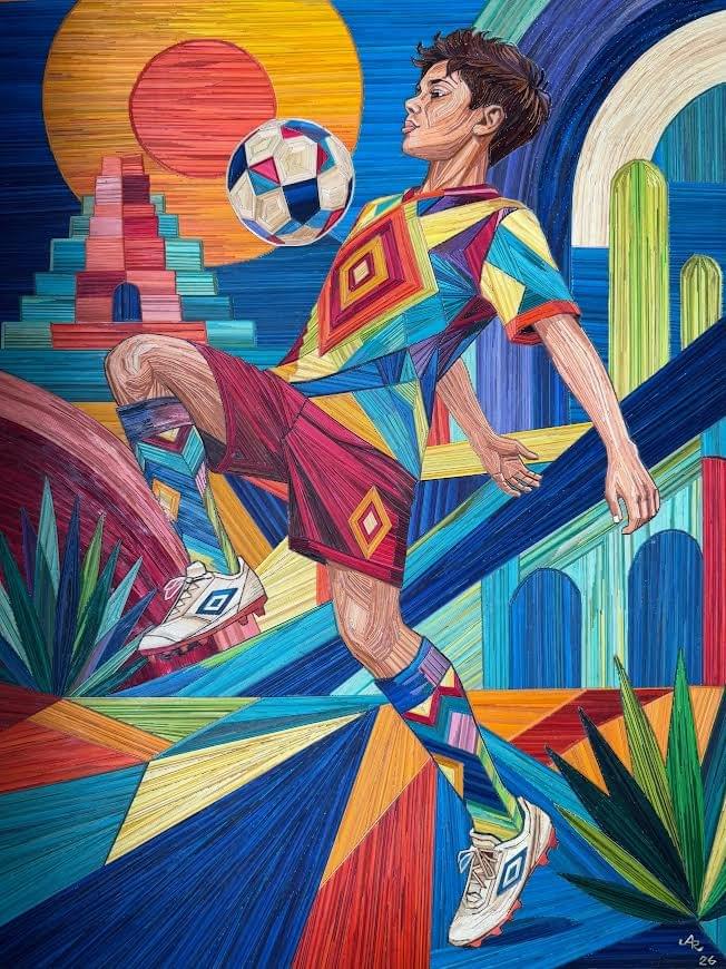 Contemporary popotillo artwork by Ariosto Rivera featuring a Mexican soccer player controlling a ball amid colorful geometric forms, agave plants, cacti, and architectural imagery. Contemporary popotillo artwork by Ariosto Rivera featuring a Mexican soccer player controlling a ball amid colorful geometric forms, agave plants, cacti, and architectural imagery.