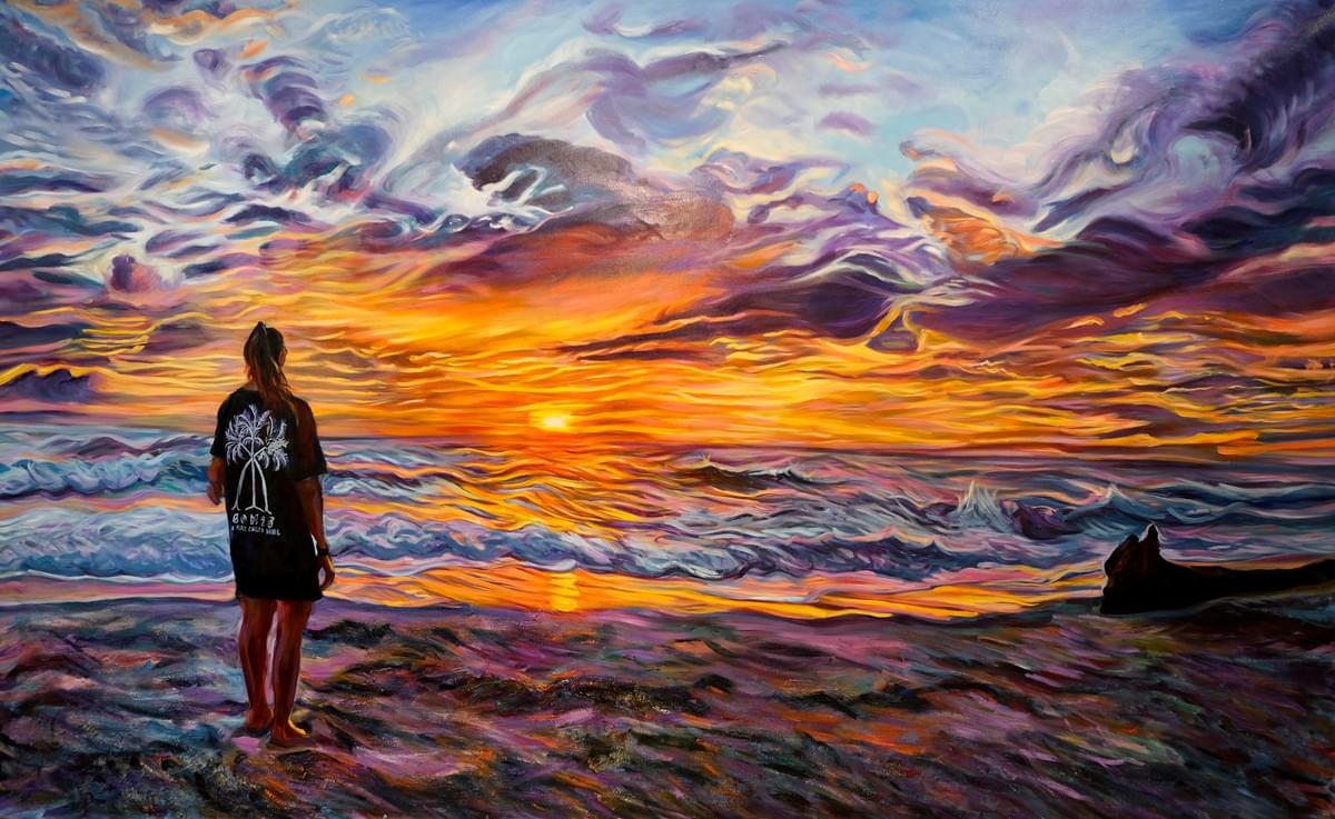 Colorful expressionist ocean painting by Claudia Robles-Gil featuring a lone figure standing on the beach at sunset beneath swirling clouds and vibrant waves, blending emotion, memory, movement, and dreamlike atmosphere through rich painterly brushwork Colorful expressionist ocean painting by Claudia Robles-Gil featuring a lone figure standing on the beach at sunset beneath swirling clouds and vibrant waves, blending emotion, memory, movement, and dreamlike atmosphere through rich painterly brushwork