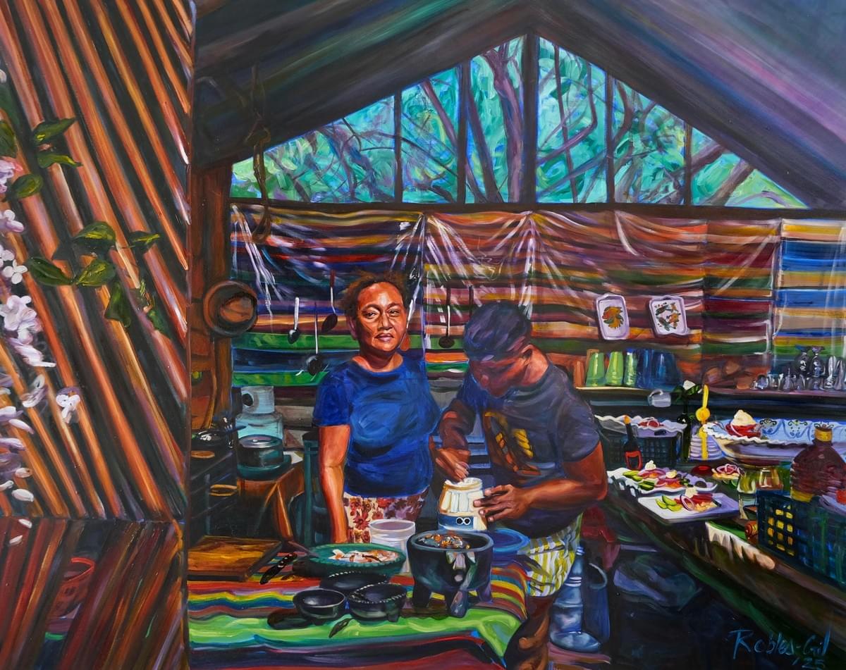 Colorful interior painting by Claudia Robles-Gil showing two people preparing food inside a rustic kitchen, blending everyday ritual, memory, culture, and emotional warmth through expressive brushwork and rich layered color Colorful interior painting by Claudia Robles-Gil showing two people preparing food inside a rustic kitchen, blending everyday ritual, memory, culture, and emotional warmth through expressive brushwork and rich layered color