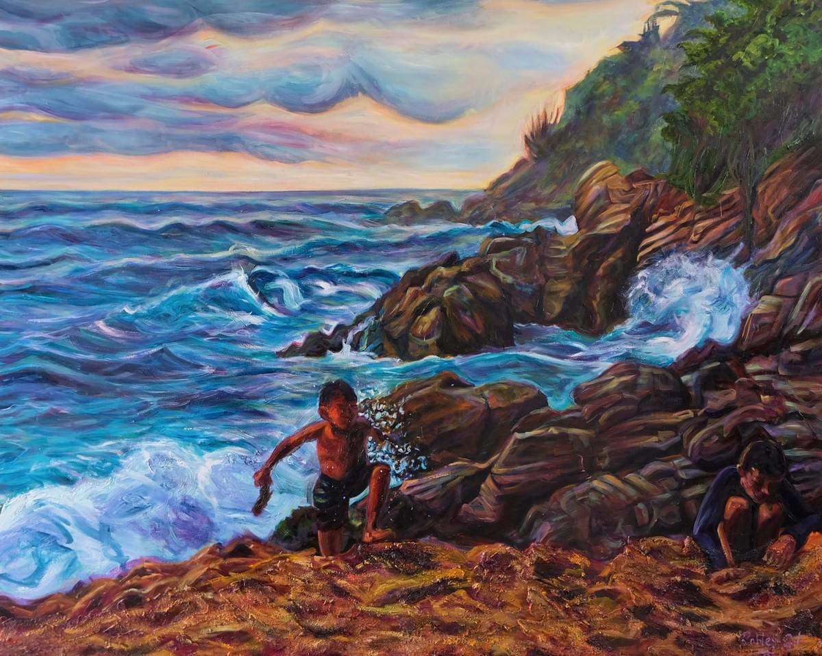 Expressive coastal painting by Claudia Robles-Gil featuring two children climbing along rocky ocean cliffs as waves crash against the shoreline beneath a swirling pastel sky filled with movement, emotion, and atmospheric color Expressive coastal painting by Claudia Robles-Gil featuring two children climbing along rocky ocean cliffs as waves crash against the shoreline beneath a swirling pastel sky filled with movement, emotion, and atmospheric color