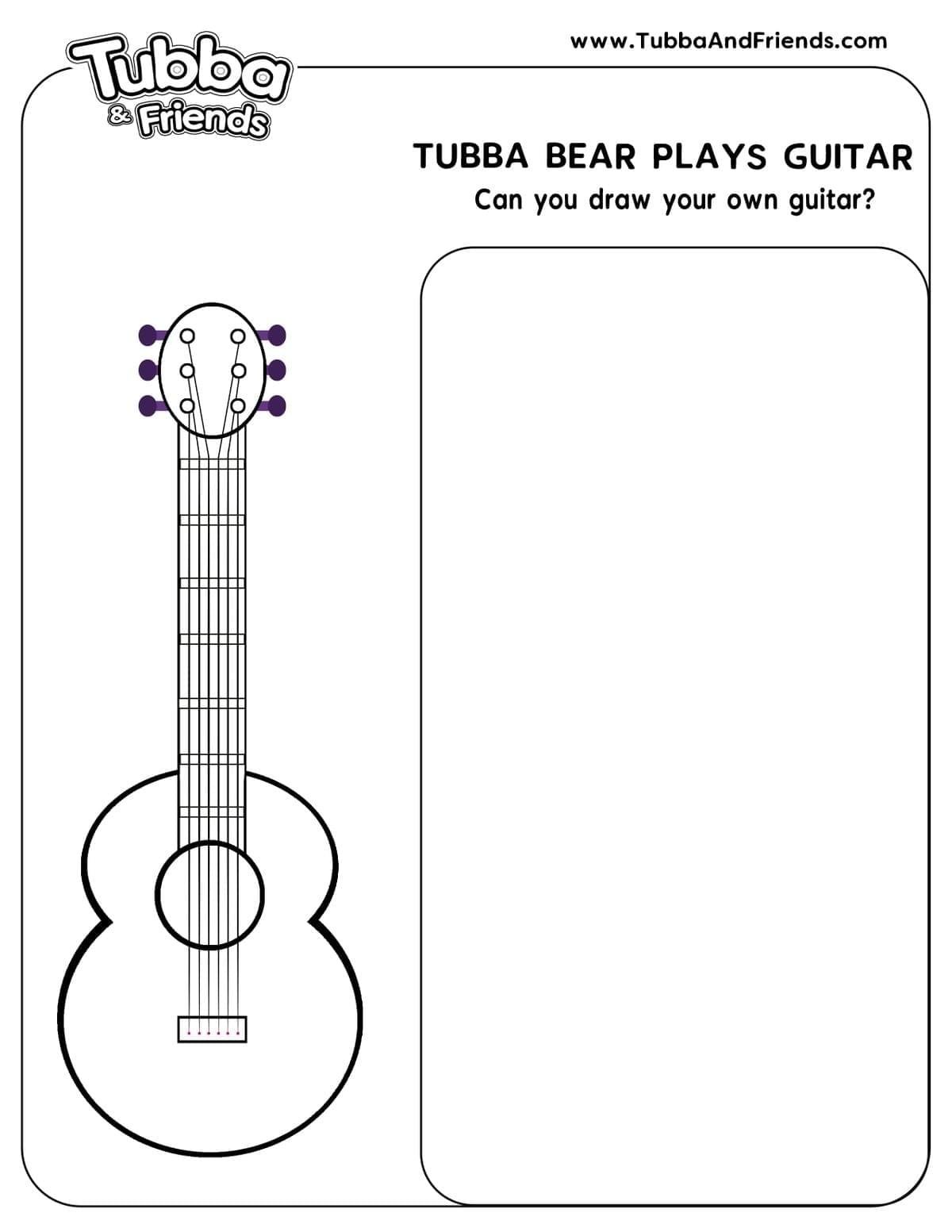 Tubba Bear’s guitar with a blank box that says draw your own guitar coloring activity page Tubba Bear’s guitar with a blank box that says draw your own guitar coloring activity page