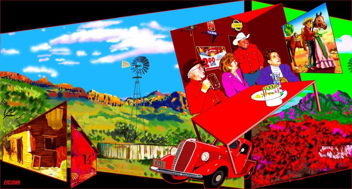 Mixed-media artwork by Carlos Encinas combining an Arizona desert landscape, family memories, vintage truck, and Mexican American cultural imagery in a layered contemporary composition. Mixed-media artwork by Carlos Encinas combining an Arizona desert landscape, family memories, vintage truck, and Mexican American cultural imagery in a layered contemporary composition.