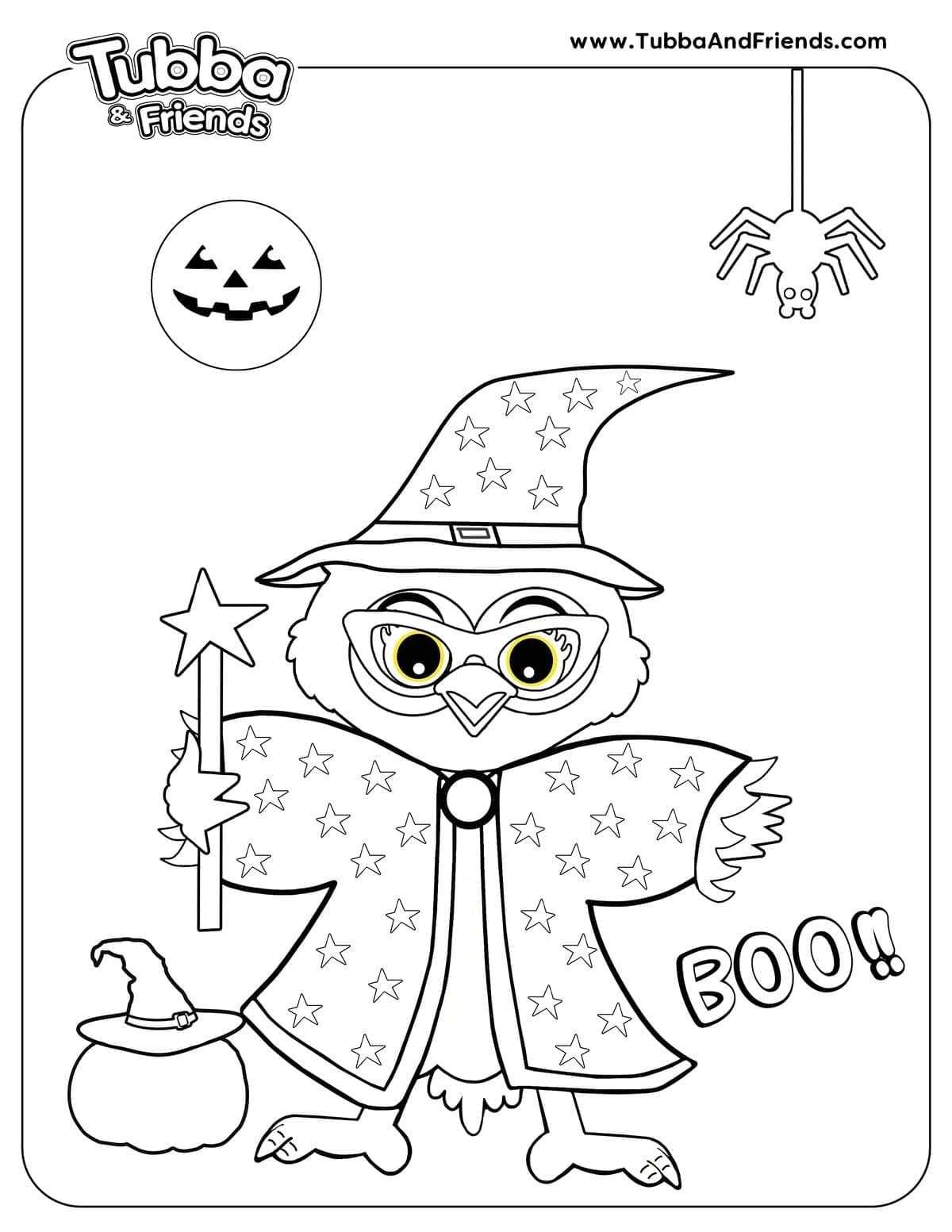 Luna Owl dressed as a sorcerer for Halloween with a wand, spooky moon, and spiders Luna Owl dressed as a sorcerer for Halloween with a wand, spooky moon, and spiders