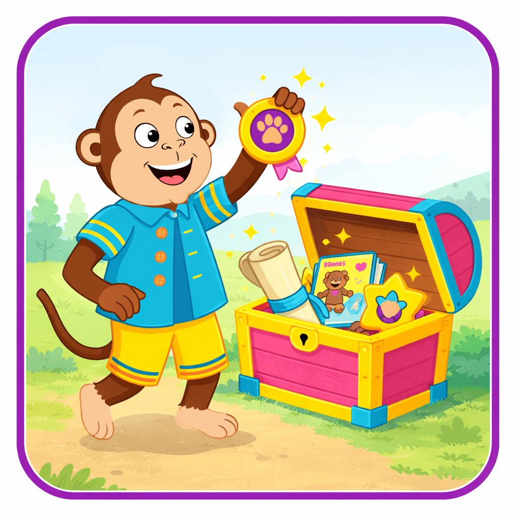 Messy Monkey holding an Explorer Badge beside a treasure chest filled with Tubba’s Adventure Club materials in Harmony Ridge Messy Monkey holding an Explorer Badge beside a treasure chest filled with Tubba’s Adventure Club materials in Harmony Ridge