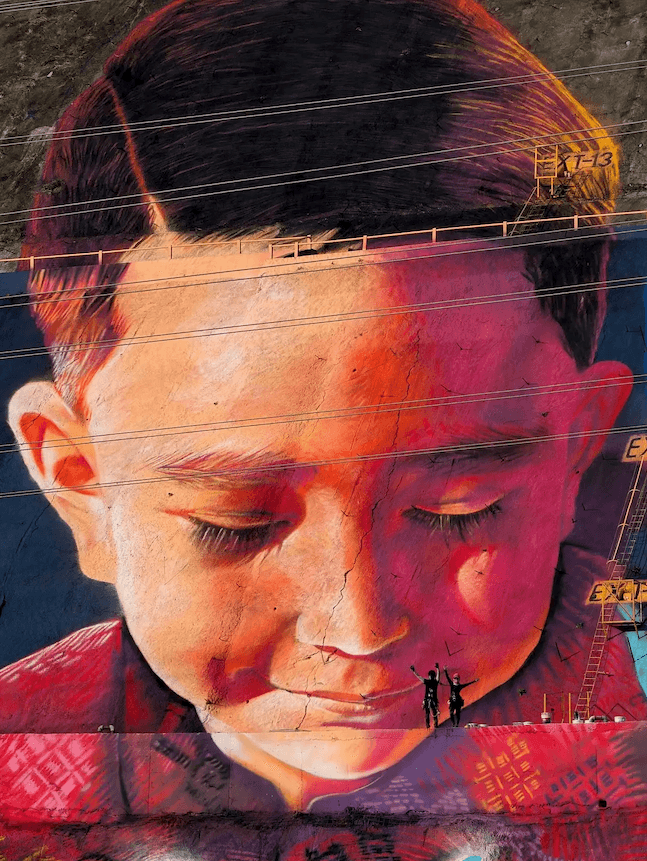 Monumental mural by Mexican artist Adry del Rocío depicting a young child with eyes closed in quiet reflection, celebrating childhood, hope, and human dignity. Monumental mural by Mexican artist Adry del Rocío depicting a young child with eyes closed in quiet reflection, celebrating childhood, hope, and human dignity.