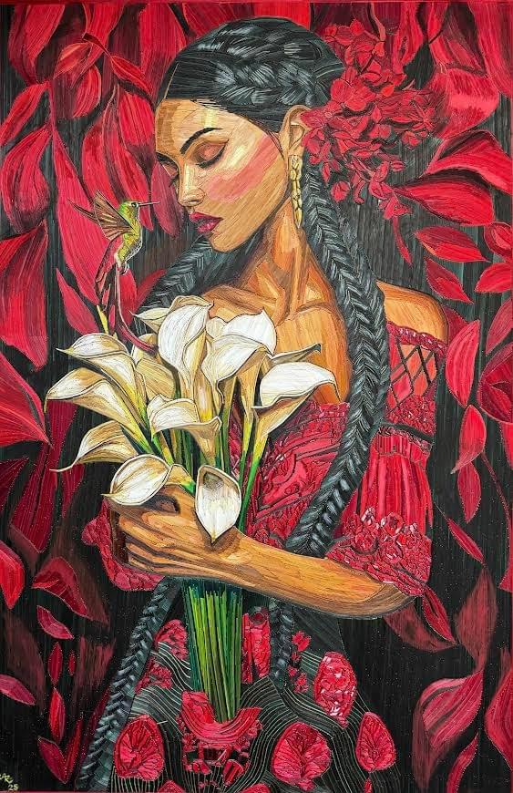 Patria Viva popotillo artwork by Ariosto Rivera featuring a Mexican woman in a red traditional dress holding white calla lilies as a hummingbird approaches her face. Patria Viva popotillo artwork by Ariosto Rivera featuring a Mexican woman in a red traditional dress holding white calla lilies as a hummingbird approaches her face.