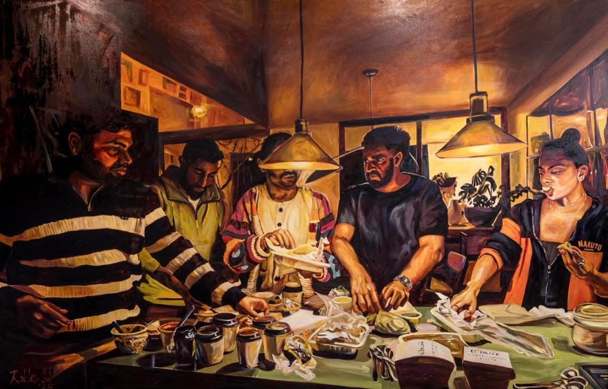 Expressive figurative painting by Claudia Robles-Gil showing a group gathered around a dinner table under warm lighting, capturing intimacy, shared ritual, friendship, and everyday human connection through rich painterly texture and emotional atmosphere Expressive figurative painting by Claudia Robles-Gil showing a group gathered around a dinner table under warm lighting, capturing intimacy, shared ritual, friendship, and everyday human connection through rich painterly texture and emotional atmosphere