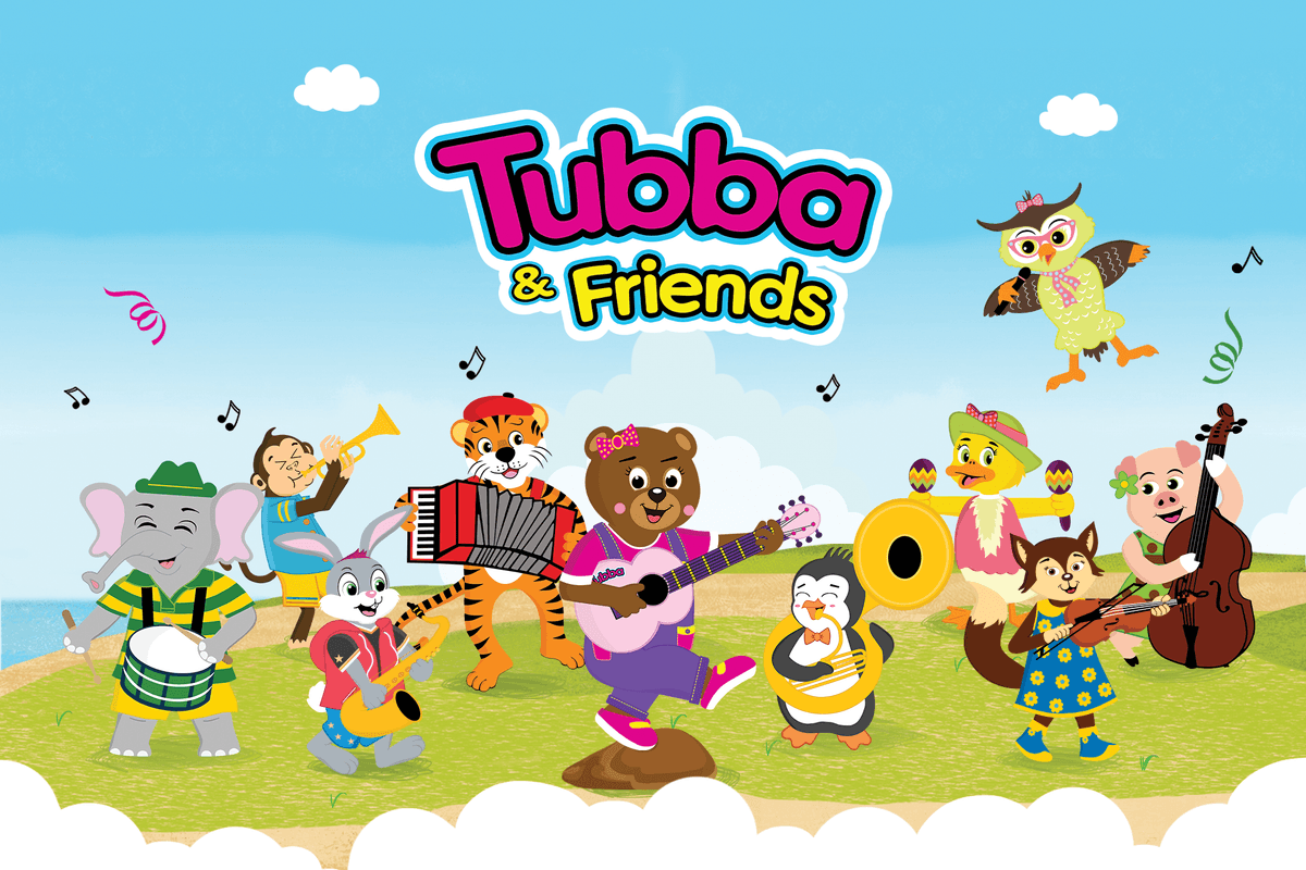 Tubba and Friends characters playing music in Harmony Ridge children’s book scene Tubba and Friends characters playing music in Harmony Ridge children’s book scene