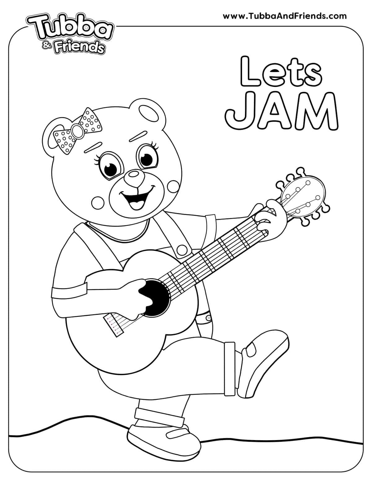 Tubba Bear playing guitar with one leg kicked high in the air in a fun, energetic coloring page Tubba Bear playing guitar with one leg kicked high in the air in a fun, energetic coloring page