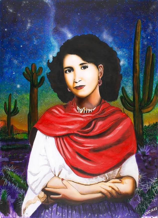 Portrait painting by Tucson artist Carlos Encinas featuring a woman wearing a red shawl against a star-filled desert sky with towering saguaro cacti. Portrait painting by Tucson artist Carlos Encinas featuring a woman wearing a red shawl against a star-filled desert sky with towering saguaro cacti.