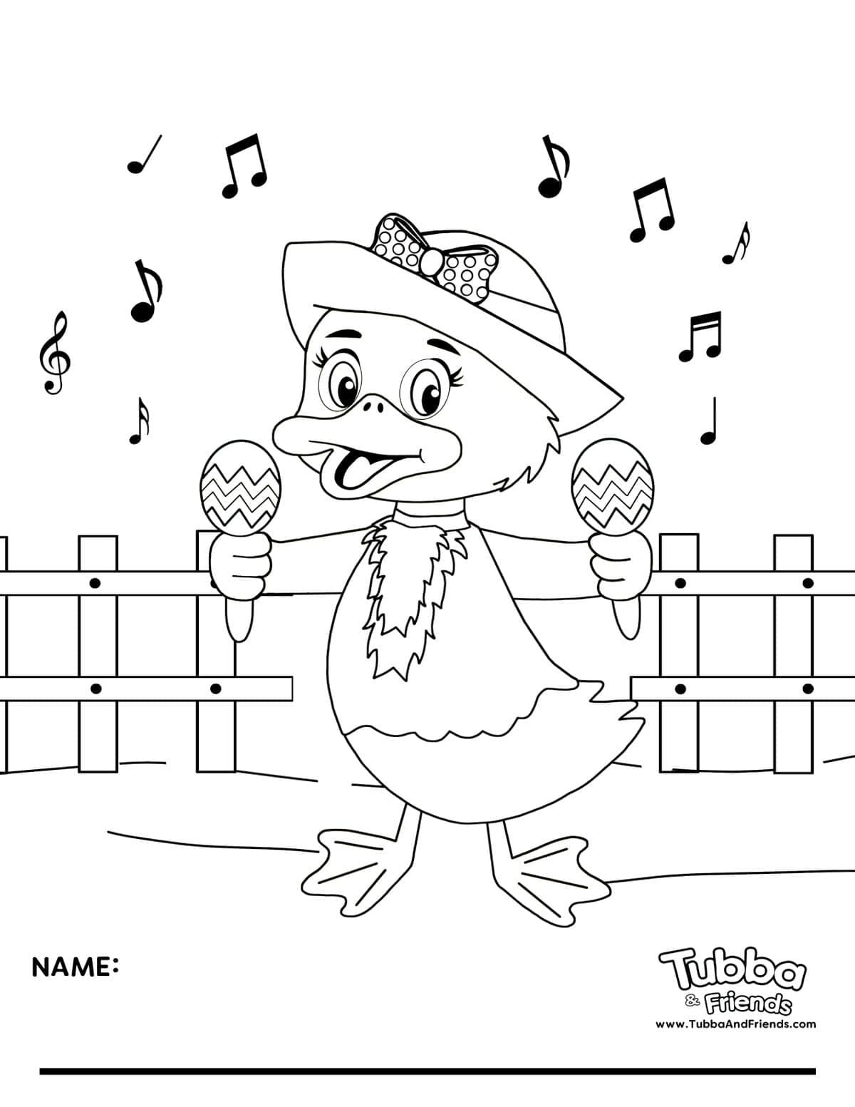 Sadie Duck playing maracas with music notes and a picket fence in the background coloring page Sadie Duck playing maracas with music notes and a picket fence in the background coloring page