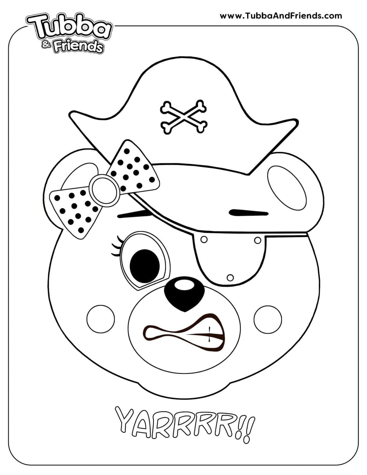Tubba Bear wearing a pirate hat and eye patch saying Yarr in a playful coloring page Tubba Bear wearing a pirate hat and eye patch saying Yarr in a playful coloring page