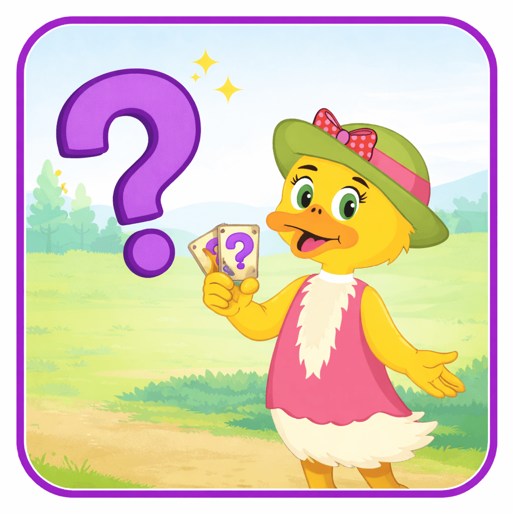 Sadie Duck holding question cards beside a large question mark for Tubba’s Adventure Club FAQ in Harmony Ridge Sadie Duck holding question cards beside a large question mark for Tubba’s Adventure Club FAQ in Harmony Ridge