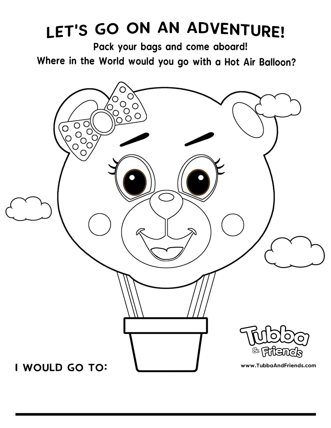 Tubba Bear in a hot air balloon with space for kids to draw themselves in the basket and imagine an adventure Tubba Bear in a hot air balloon with space for kids to draw themselves in the basket and imagine an adventure