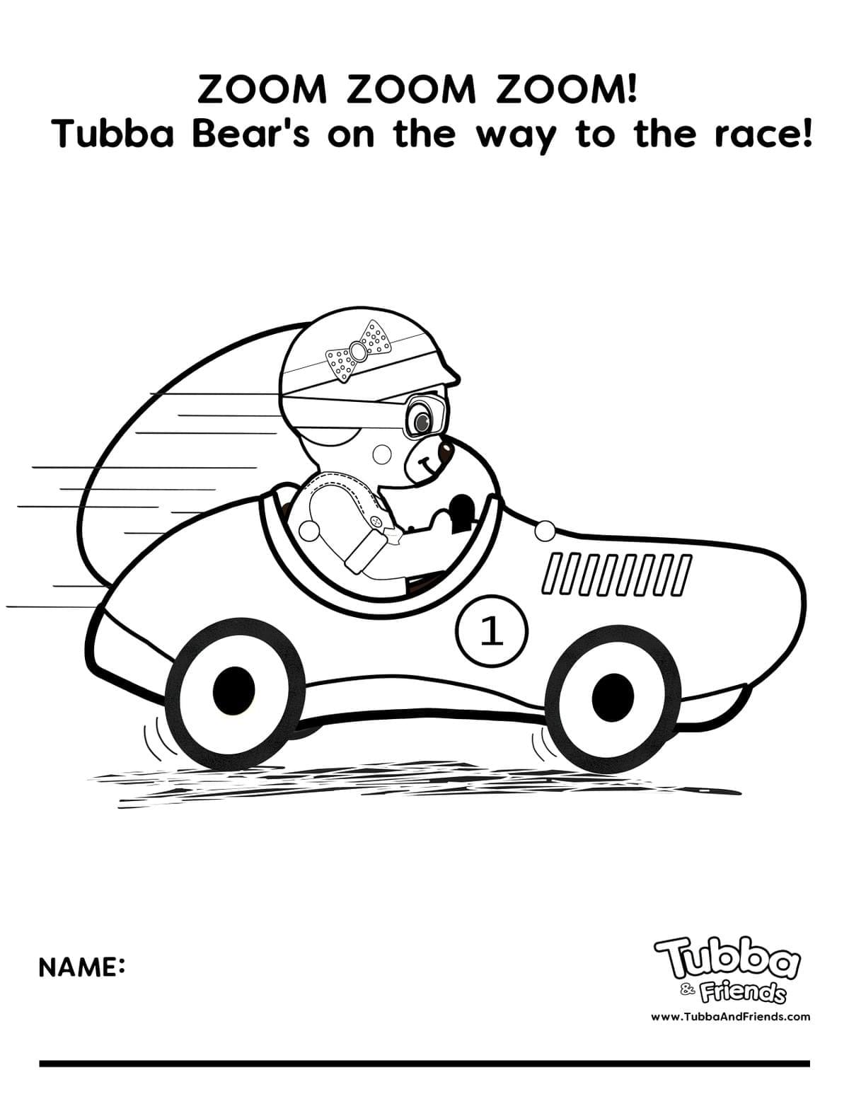 Tubba Bear driving a race car on the way to a race in a fun printable coloring page for kids Tubba Bear driving a race car on the way to a race in a fun printable coloring page for kids