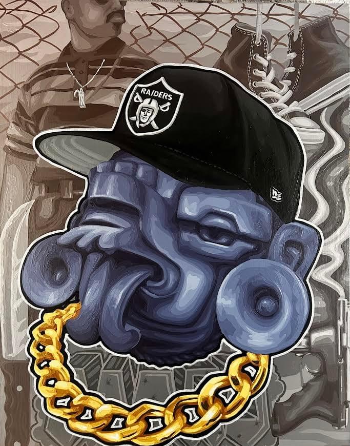 Contemporary painting by Tlacolulokos featuring a stylized Indigenous inspired figure wearing a Raiders cap and gold chain against a black and grey urban background referencing street culture and identity in modern Mexico Contemporary painting by Tlacolulokos featuring a stylized Indigenous inspired figure wearing a Raiders cap and gold chain against a black and grey urban background referencing street culture and identity in modern Mexico